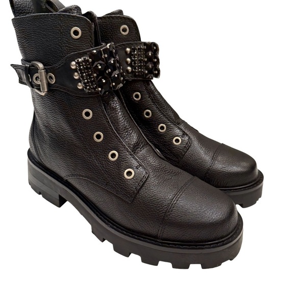 Karl Lagerfeld Shoes - Karl Lagerfeld Maeva Women’s Embellished Black Leather Combat Boot Zip Up Sz 8